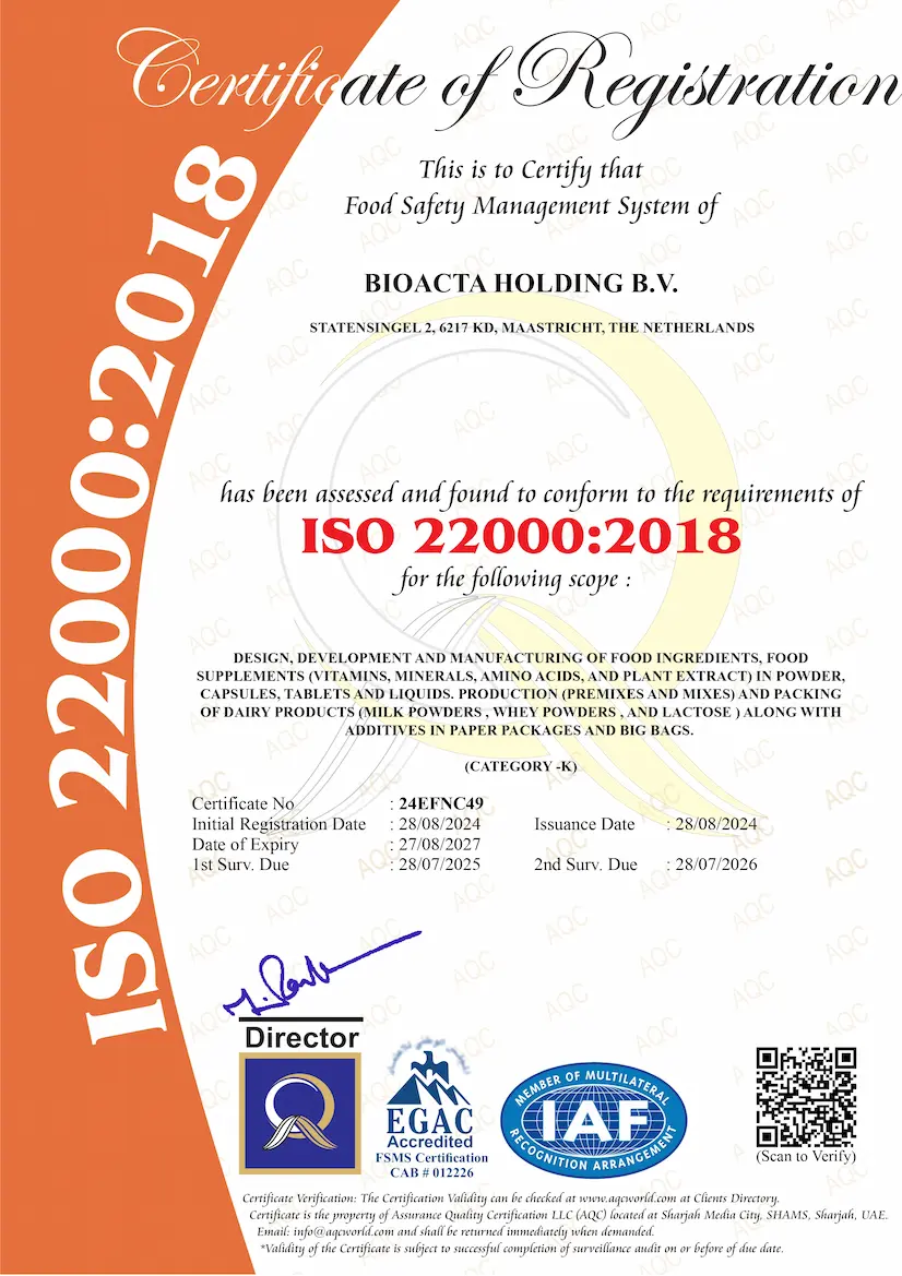 BioActa Holding Certificate